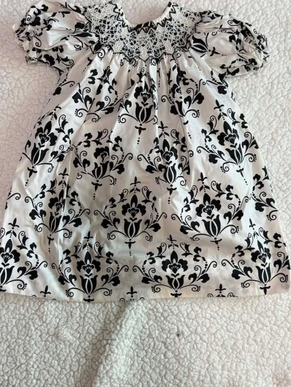 Smocked White Dress with Black Damask Print